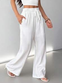 Almamuse 女士休闲度假通勤简约百搭白色打结松紧腰宽松阔腿裤 - 白色 - 查看 8
