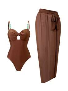 Swim Oasis Đồ bơi nữ, chất liệu vải màu nâu óng ánh với họa tiết vân đá cẩm thạch, thiết kế đính cườm thanh lịch, trang phục nghỉ dưỡng thường ngày thời trang, bộ đồ bơi một mảnh gợi cảm và tinh tế kèm váy maxi. - Rỉ Nâu - Xem 2