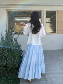 DAZY 女士圆领荷叶边蕾丝拼接系带长袖优雅衬衫，度假风 - 白色 - 查看 3