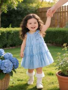 SHEIN 女婴春季无袖天蓝色A字连衣裙，饰有蝴蝶结，甜美公主风，圆领，适合日常穿着 - 藍色 - 查看 9