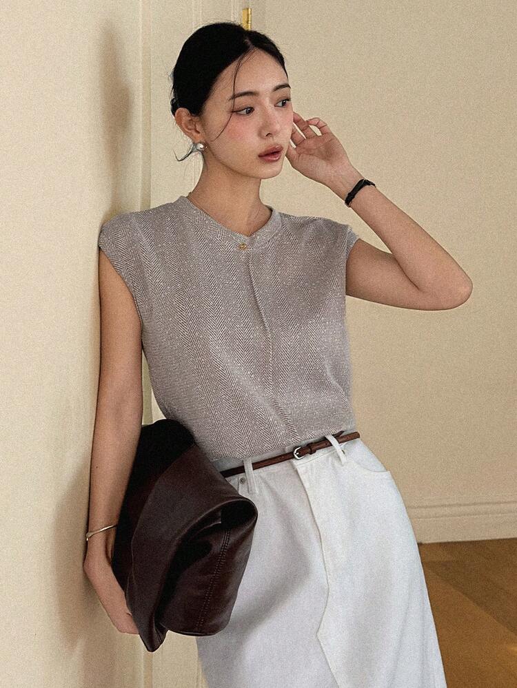 Women's Round Neck Short Sleeve Herringbone Texture Patchwork Casual Pullover T-Shirt