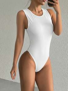 Boddy elegante cuello Redondo de Licra. - Blanco - Ver 5