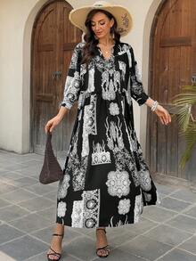 Vivie Lora Women's Loose Fit Mid-Length Graphic Print Dress, Black & White - Black and White - View 5