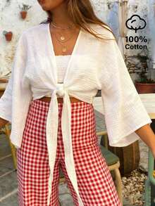 Elyressa Women's Cotton Batwing Sleeve Front Tie Knot Blouse - White - View 3