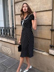 SHEIN PariChic 女士春夏波点连衣裙，蝴蝶结领，短泡泡袖，收腰A字裙，夏季套装 - 黑色 - 查看 7