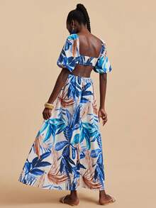 Travachic Women's Blue Tropical Print Sweetheart Neck Ruched Boho A Line Maxi Dress With Puff Short Sleeves - Blue - View 2