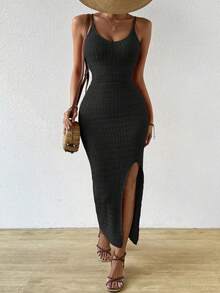 Breezaya Đầm dệt kim hai dây màu trơn xẻ tà bên hông gợi cảm dành cho nữ, thích hợp cho kỳ nghỉ. - màu đen - Xem 7