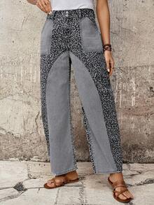 EMERY ROSE Mature Denim Women's Solid Color Leopard Print Patchwork Fashionable Jeans Summer Beach - Blue - View 7