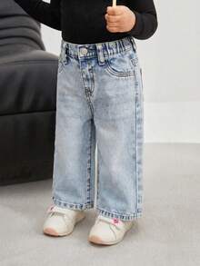 SHEIN Quần jean ống đứng dáng rộng màu xanh cổ điển cho bé gái - Rửa nhẹ - Xem 6