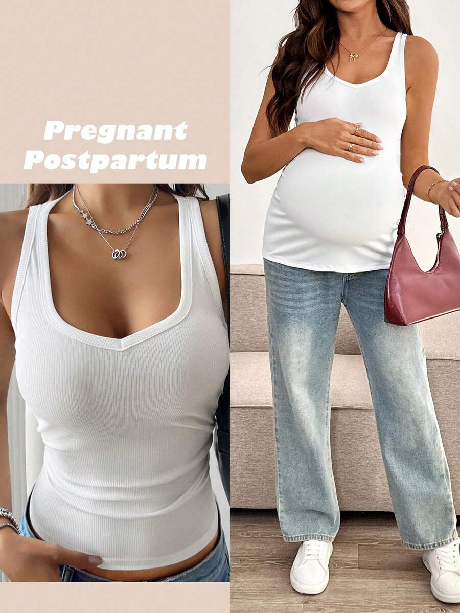 SHEIN Maternity Solid Color Ruched Sweetheart Neck Fitted Fashion Tank Top Summer - White - View 1