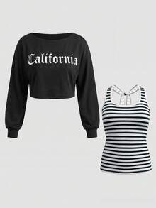 Rina Fox 1 Set Fashion Black Off-Shoulder Crop Top & Striped Camisole Sports Outfit - Multicolor - View 4