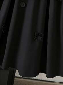 SHEIN 少女夏季时尚休闲生日派对泡泡短袖撞色蝴蝶结装饰连衣裙 - 黑色 - 查看 5