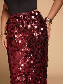 SHEIN BAE Falda con abertura y bajo con lentejuelas de unicolor para mujer de talla grande, de moda para fiestas - Burdeos - Ver 6