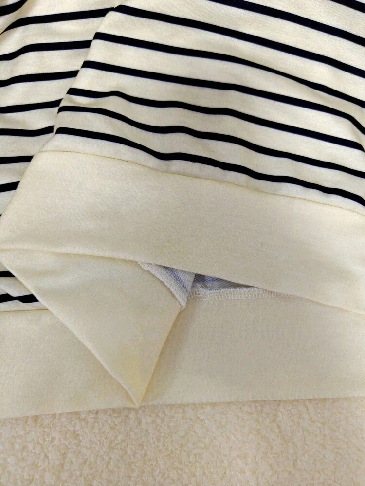 Franclia Sweatshirt décontracté à col polo zippé, manches longues, rayé avec broderie de lettres pour femmes - Nude - Voir 4