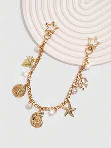 ROMWE Fairycore 1 pieza Adorno de concha marina para un estilo festivo, cadena de concha de estrella de mar, llavero de cola marina de concha, adecuado para combinar con una bolsa cuadrada pequeña cuando salgas de vacaciones. - Oro 1 - Ver 5