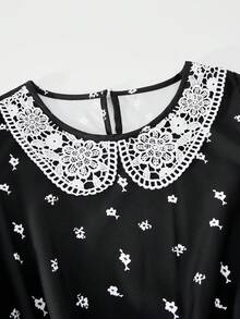 SHEIN Đầm ren cổ rỗng in họa tiết hoa kỹ thuật số tối giản thanh lịch, phù hợp cho đi chơi và đi làm hàng ngày, dành cho phụ nữ trẻ. - màu đen - Xem 4