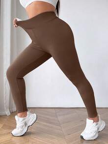 SHEIN EZwear 加大码加厚保暖黑色打底裤，冬季保暖 - 咖啡棕 - 查看 3
