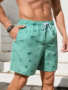 VIVINTIMO 男士全印花沙滩短裤、休闲度假装、夏威夷风 - 綠色 - 查看 1