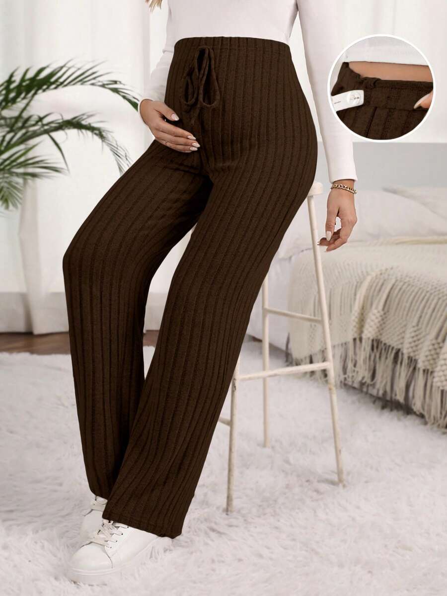 SHEIN Pantalones casuales sueltos de pierna ancha, de unicolor y cintura ajustable para maternidad - Café integral - Ver 1