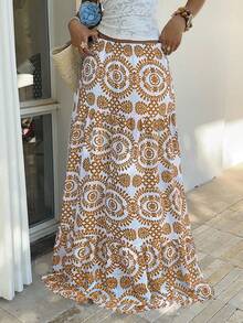 SHEIN Tall Women's Casual Vacation Elegant Daily Versatile Fashion Print Low Waist Skirt, Spring/Summer - Yellow - View 3