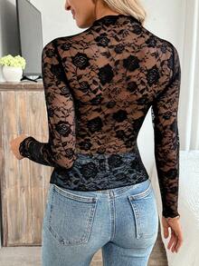 EMERY ROSE Fitted Lace Mock Neck Long Sleeve Top - Black - View 2