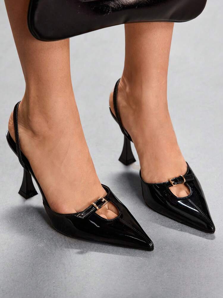 CUCCOO SZL Women's High Heels Pointed 9CM Elegant Wine Glass Heel Women's Black High Heels Sexy Word With Buckle Decoration Slip-On Back Strap Easy To Wear Mirror PU Leather Buckle Black High Heels Versatile For Daily/Party/Dating/Office Professional Women's Shoes Valentine's Day