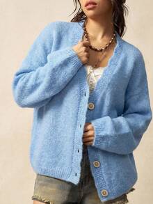 Bohemela 女士休闲复古宽松单排扣长袖针织开衫，秋冬款 - 水鴨藍 - 查看 7
