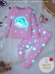 Baby Girls' Cute Fish & Blue Star Print Knit Elastic Fabric Soft Comfortable Glow-In-The-Dark Long Sleeve Top And Pants 2-Piece Pajama Set - Multicolor - View 5