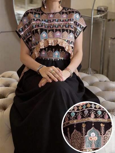 Al Najma Women's Sequin Embroidered Turkish Maxi Dress & Arabic Traditional Abaya  Arabic-Style Long Kaftan Robe, Arabic Women's Dress, Turkish Dress, Abaya Robe, Traditional Women's Dress Arabic Style Long Dress Kaftan Jalabiya Dress Arabic Dress For Women Turkish Dress Abaya Dress Abaya For Women