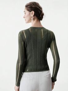 Aalyst 2pcs/Set Women's Hollow Out Shiny Knit Cover Up & Camisole Top, Lightweight Sun Protection Sweater, Summer - Army Green - View 3