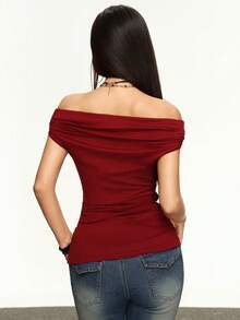 INAWLY Women's New Off-Shoulder T-Shirt, French Off-Shoulder Knit Short Sleeve, Unique Design Waist Cinched Fitted Shoulder Top - Burgundy - View 3
