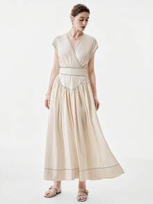 SHEIN Stylify 女士人字纹竹节结V领落肩袖收腰A字型撞色缝线优雅法式浪漫复古通勤商务海滩度假休闲时尚经典中长连衣裙，适合婚礼、情人节、下午茶、派对、春夏新品 - 杏色 - 查看 5