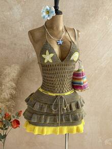 Soleia New Knitted Halter Neck Tie Strap Multi-Layer Ruffle Hem Mini Dress, Suitable For Party, Date, Valentine's Day, Easter, Carnival, Afternoon Tea, Beach, Cruise, City Vacation, Autumn/Winter Layering - Multicolor - View 3