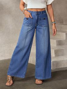 EMERY ROSE 女士高腰口袋设计阔腿宽松休闲牛仔裤 - 藍色 - 查看 9