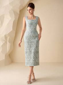 Modelyn 女士雪纺喇叭长袖开衫和提花无袖A字优雅连衣裙两件套，春夏款 - 綠色 - 查看 6