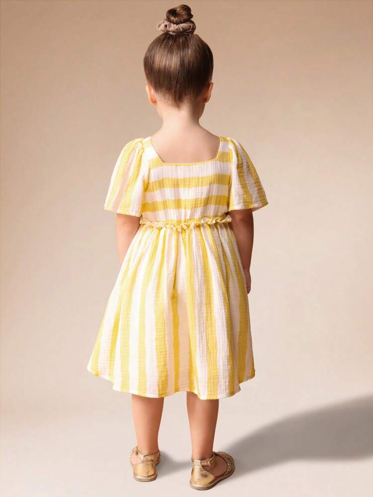 Striped Flutter Sleeve Midi Dress With Elastic Waist