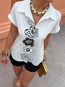 Flora Isola Flora Isola Women's Embroidered 3D Floral Casual Vacation Blouse, Spring/Summer - White - View 3