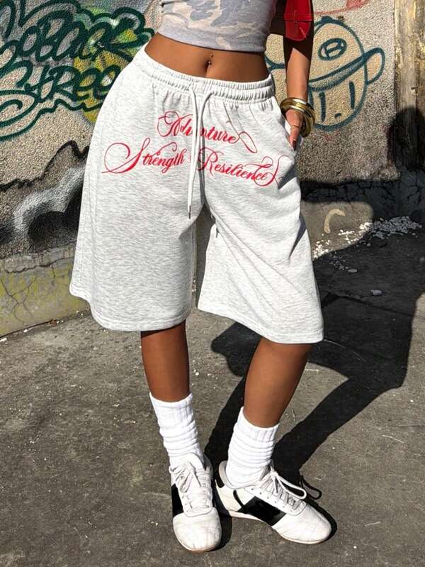 Muchica Women's Summer New Letter Print Low Waist Loose Bermuda Shorts