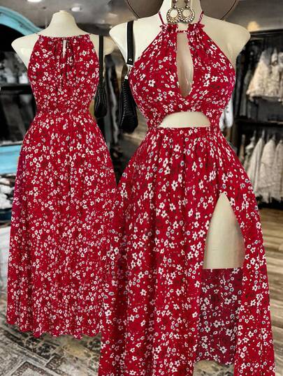 Sweetra Vestido largo con abertura y escote en V calado para mujer talla grande, elegante vestido vintage de flores diminutas burdeos para playa y vacaciones, primavera/verano