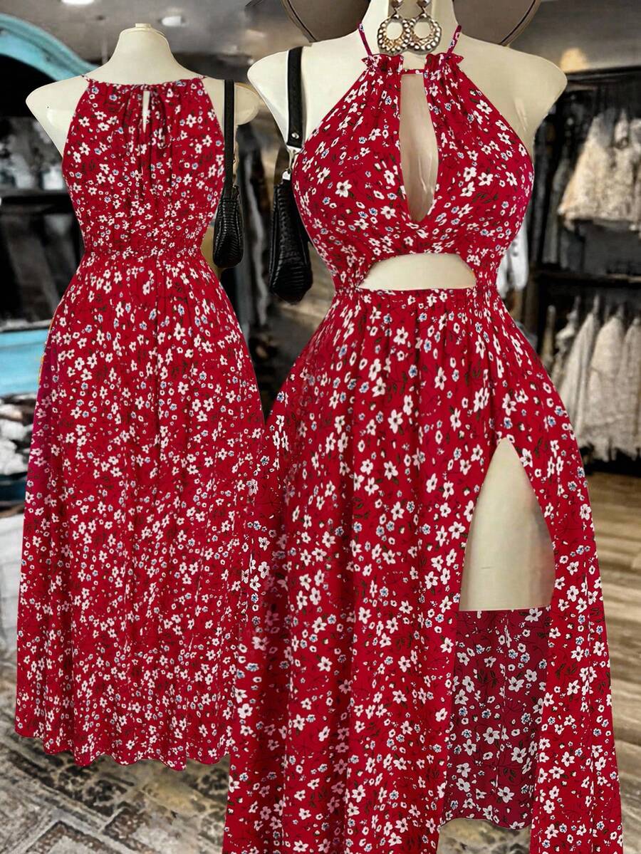 Sweetra Váy Maxi xẻ cổ chữ V khoét sâu cho nữ cỡ lớn, Váy đi biển họa tiết hoa nhỏ màu đỏ tía cổ điển thanh lịch, Xuân/Hè - Đỏ - Xem 1