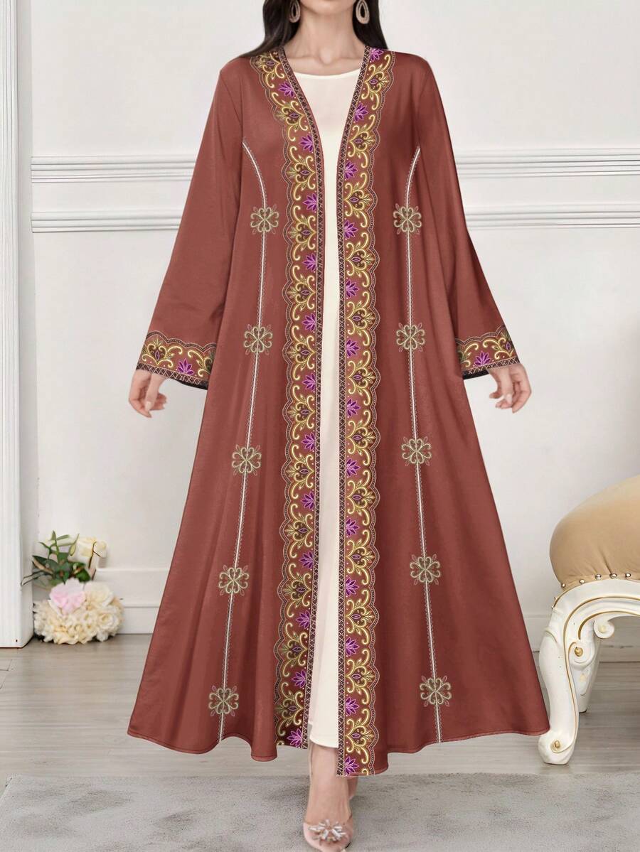 SHEIN Najma Women's Floral & Geometric Print Faux Embroidery Long Sleeve Casual Arabic Abaya Cardigan Maxi Jacket, Spring/Autumn - Multicolor - View 1