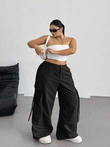 SHEIN CURVE+ 大码女式休闲通勤黑色工装裤 - 黑色 - 查看 4