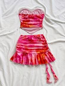 Soleia 女士印花褶皱不对称下摆抹胸上衣和3D立体花卉装饰A字裙时尚套装 - 粉色 - 查看 2