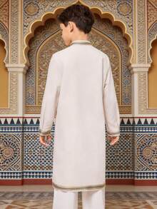 SHEIN 男童休闲日常舒适圆领半开襟长款纯色衬衫 - 杏色 - 查看 2