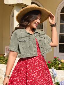 EMERY ROSE 大码女式短袖单排扣休闲口袋牛仔外套 - 綠色 - 查看 3