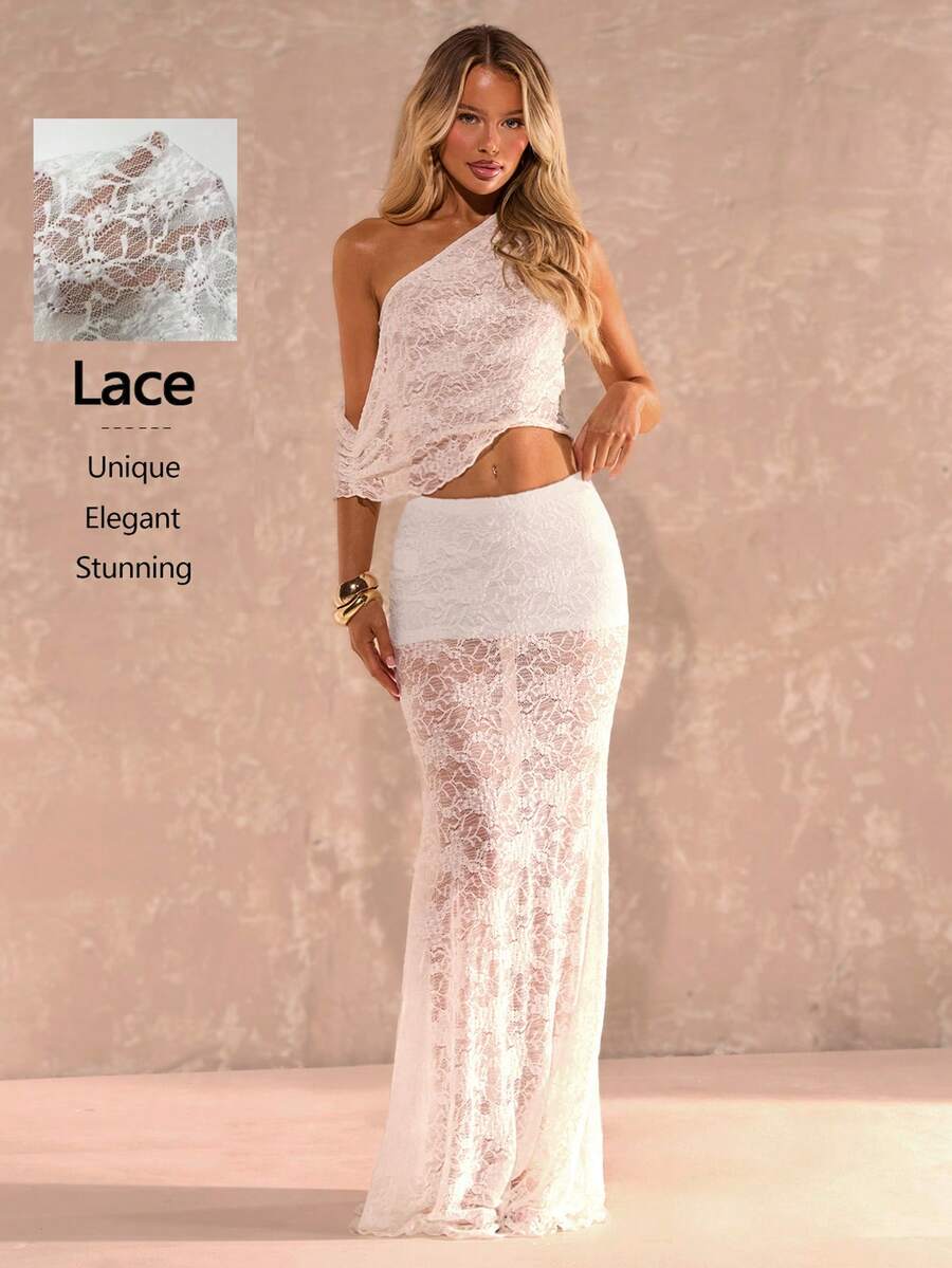 SHEIN Glamour Bộ đồ hai mảnh ôm sát gợi cảm dành cho nữ, gồm áo hai dây ren jacquard bất đối xứng và chân váy midi ren jacquard, thích hợp cho mùa xuân/hè. - trắng - Xem 1