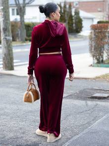 Melissa Matos Women 2pcs Casual Outfit, Front Zipper Long Sleeve Hoodie Top And Pants Set, Minimalist Style, Suitable For Work, Autumn/Winter For New Year Clothes - Red - View 2