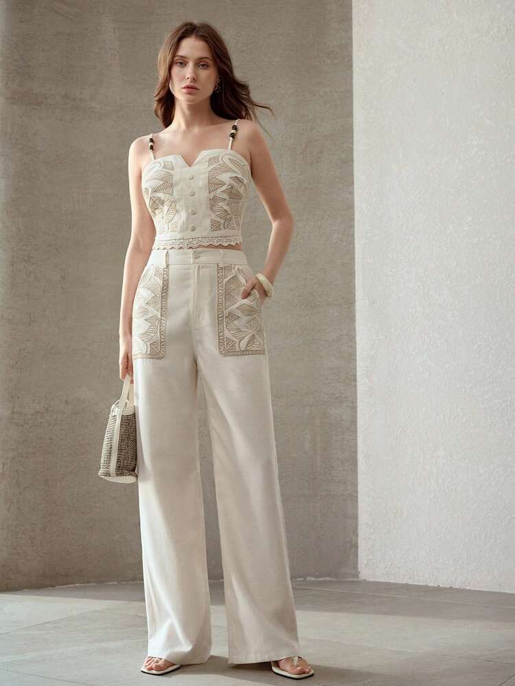 EMBROIDERY SLANT POCKET WIDE LEG PANTS