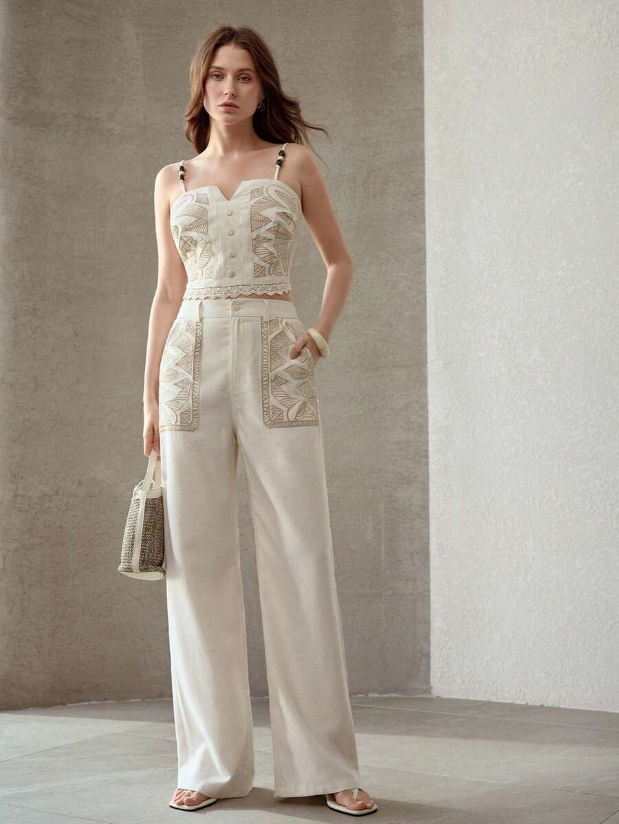 MOTF PREMIUM 刺绣斜插口袋阔腿裤 - 杏色 - 查看 1