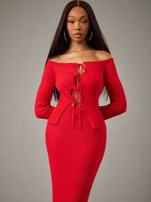 NYA SZN Matching Set (Top & Skirt) Top Long Sleeve Fitted Off The Shoulder Tie Detail Cut Out Maxi Skirt Fitted Festive Holiday Spring Break Winter Spring Knit Knitwear Rib Knit Outfits For Women - Red - View 4